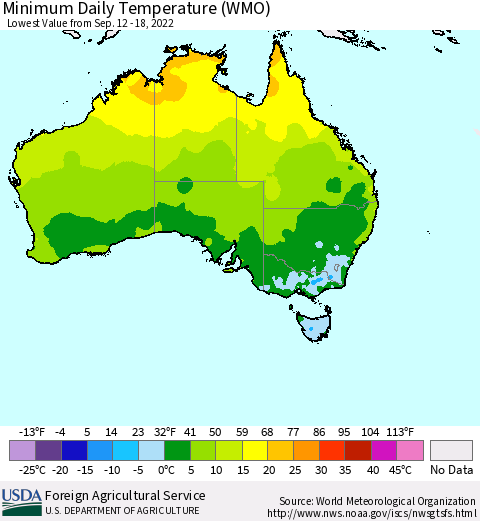 Australia Minimum Daily Temperature (WMO) Thematic Map For 9/12/2022 - 9/18/2022