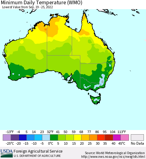 Australia Minimum Daily Temperature (WMO) Thematic Map For 9/19/2022 - 9/25/2022