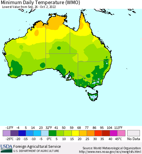 Australia Minimum Daily Temperature (WMO) Thematic Map For 9/26/2022 - 10/2/2022