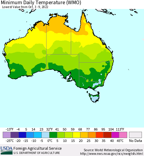 Australia Minimum Daily Temperature (WMO) Thematic Map For 10/3/2022 - 10/9/2022