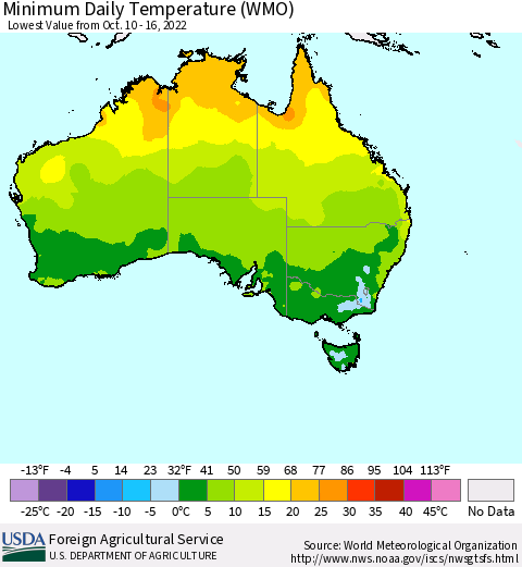 Australia Minimum Daily Temperature (WMO) Thematic Map For 10/10/2022 - 10/16/2022