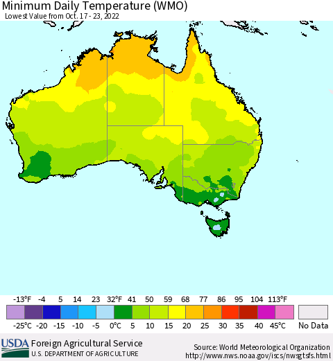 Australia Minimum Daily Temperature (WMO) Thematic Map For 10/17/2022 - 10/23/2022