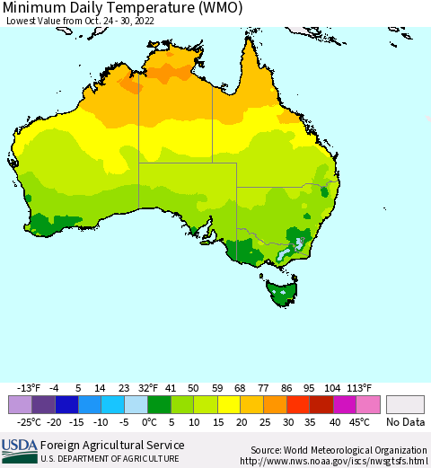 Australia Minimum Daily Temperature (WMO) Thematic Map For 10/24/2022 - 10/30/2022
