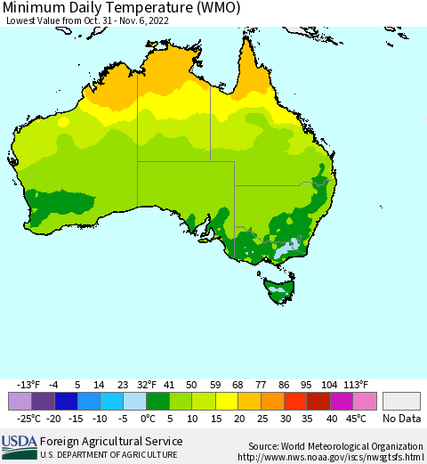 Australia Minimum Daily Temperature (WMO) Thematic Map For 10/31/2022 - 11/6/2022