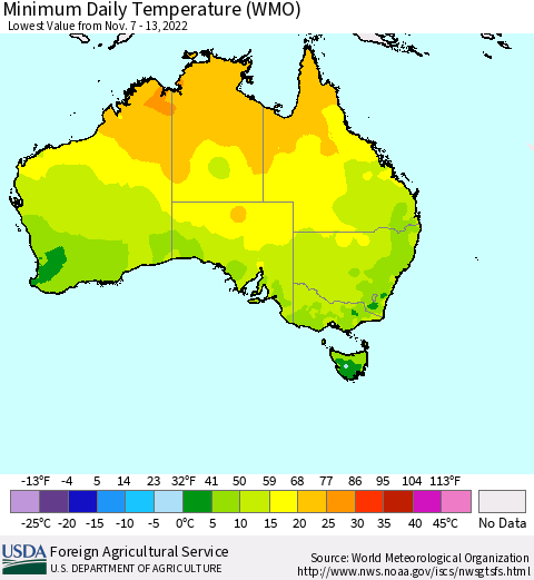 Australia Minimum Daily Temperature (WMO) Thematic Map For 11/7/2022 - 11/13/2022