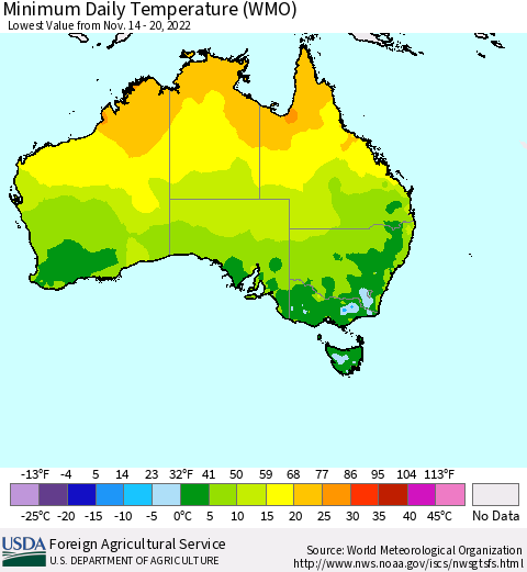 Australia Minimum Daily Temperature (WMO) Thematic Map For 11/14/2022 - 11/20/2022