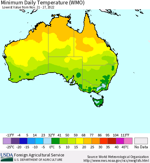Australia Minimum Daily Temperature (WMO) Thematic Map For 11/21/2022 - 11/27/2022