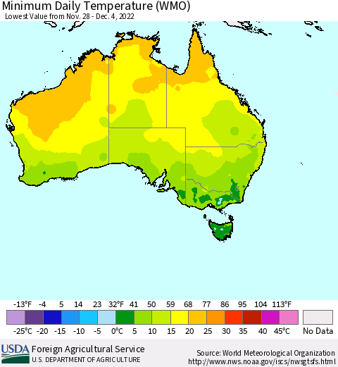 Australia Minimum Daily Temperature (WMO) Thematic Map For 11/28/2022 - 12/4/2022