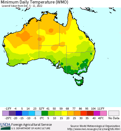 Australia Minimum Daily Temperature (WMO) Thematic Map For 12/5/2022 - 12/11/2022