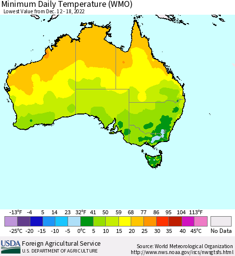 Australia Minimum Daily Temperature (WMO) Thematic Map For 12/12/2022 - 12/18/2022