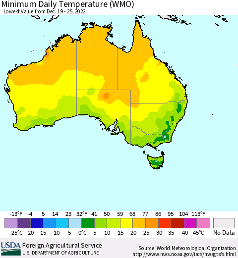 Australia Minimum Daily Temperature (WMO) Thematic Map For 12/19/2022 - 12/25/2022