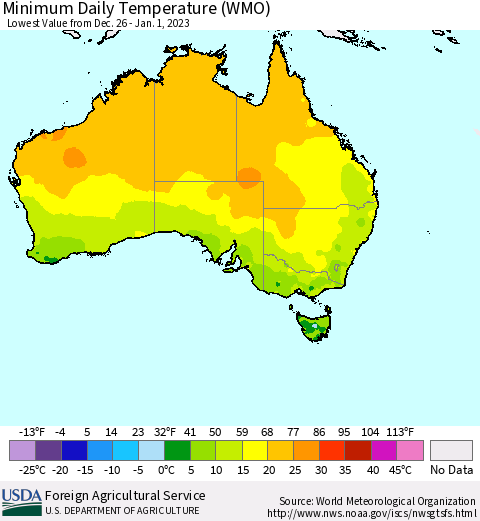 Australia Minimum Daily Temperature (WMO) Thematic Map For 12/26/2022 - 1/1/2023