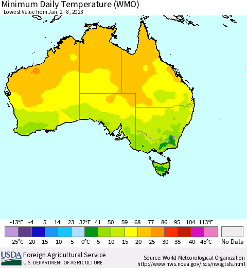 Australia Minimum Daily Temperature (WMO) Thematic Map For 1/2/2023 - 1/8/2023