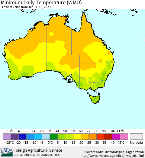 Australia Minimum Daily Temperature (WMO) Thematic Map For 1/9/2023 - 1/15/2023