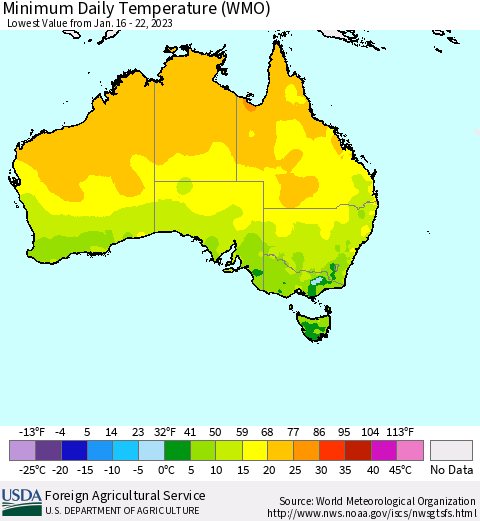 Australia Minimum Daily Temperature (WMO) Thematic Map For 1/16/2023 - 1/22/2023