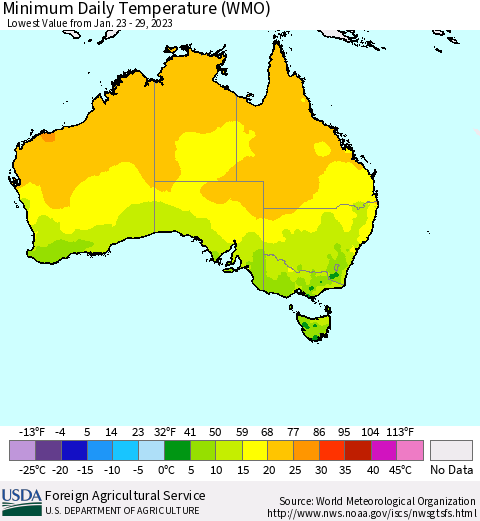 Australia Minimum Daily Temperature (WMO) Thematic Map For 1/23/2023 - 1/29/2023