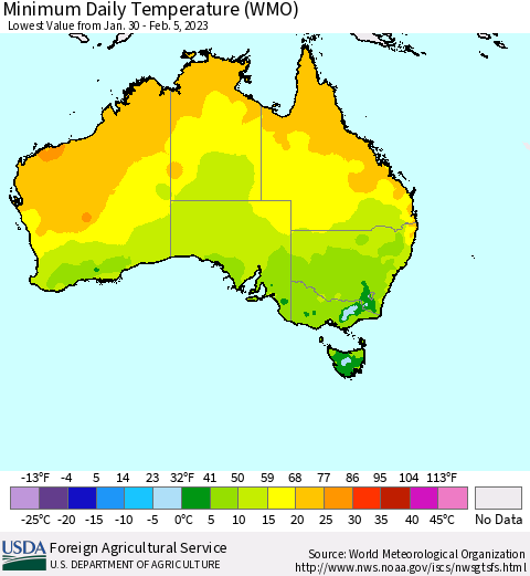 Australia Minimum Daily Temperature (WMO) Thematic Map For 1/30/2023 - 2/5/2023