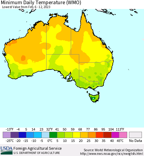 Australia Minimum Daily Temperature (WMO) Thematic Map For 2/6/2023 - 2/12/2023