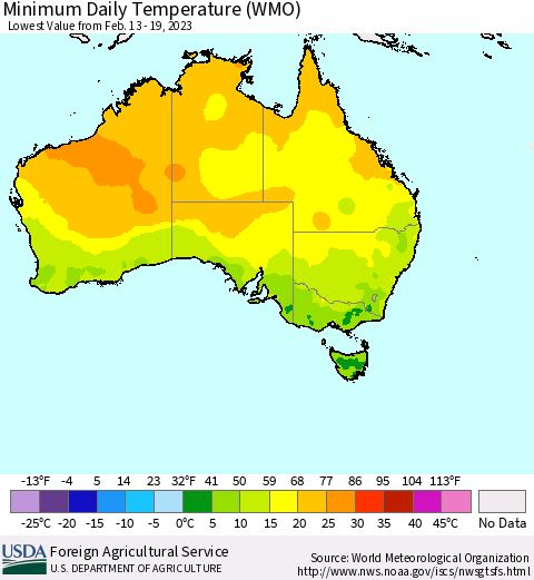 Australia Minimum Daily Temperature (WMO) Thematic Map For 2/13/2023 - 2/19/2023