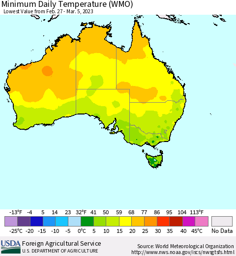 Australia Minimum Daily Temperature (WMO) Thematic Map For 2/27/2023 - 3/5/2023