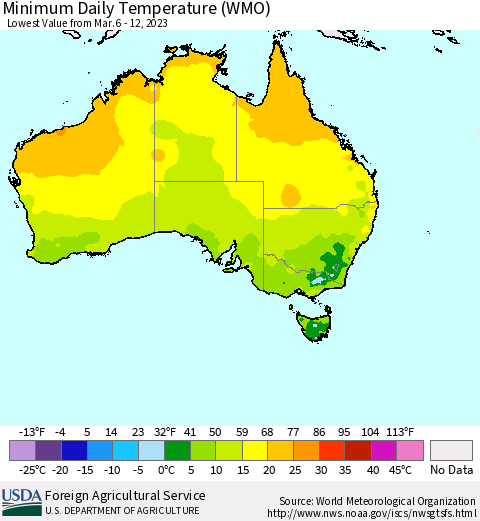 Australia Minimum Daily Temperature (WMO) Thematic Map For 3/6/2023 - 3/12/2023