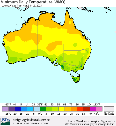 Australia Minimum Daily Temperature (WMO) Thematic Map For 3/13/2023 - 3/19/2023