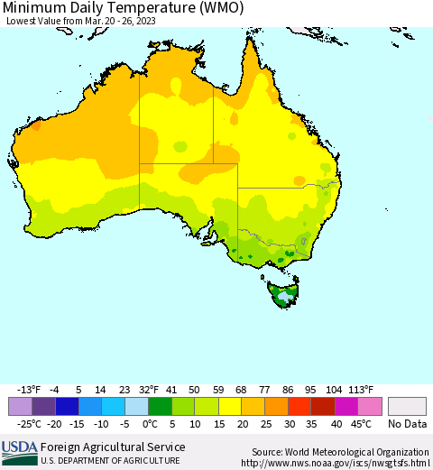 Australia Minimum Daily Temperature (WMO) Thematic Map For 3/20/2023 - 3/26/2023