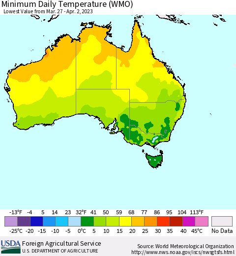 Australia Minimum Daily Temperature (WMO) Thematic Map For 3/27/2023 - 4/2/2023