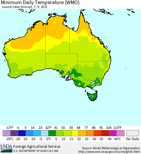 Australia Minimum Daily Temperature (WMO) Thematic Map For 4/3/2023 - 4/9/2023