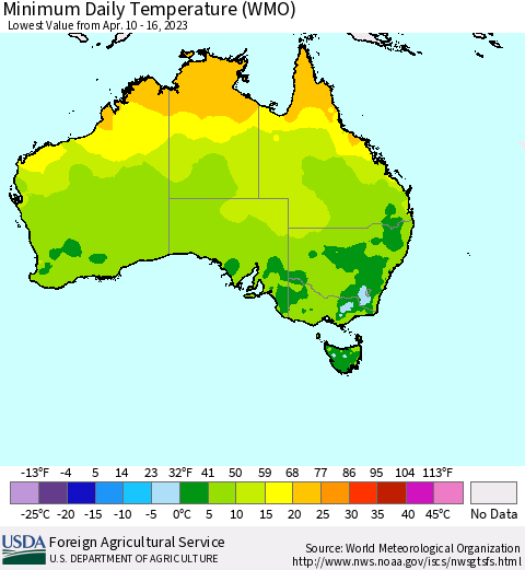 Australia Minimum Daily Temperature (WMO) Thematic Map For 4/10/2023 - 4/16/2023