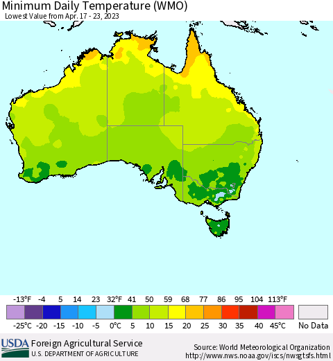 Australia Minimum Daily Temperature (WMO) Thematic Map For 4/17/2023 - 4/23/2023