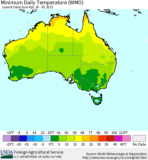 Australia Minimum Daily Temperature (WMO) Thematic Map For 4/24/2023 - 4/30/2023