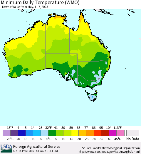 Australia Minimum Daily Temperature (WMO) Thematic Map For 5/1/2023 - 5/7/2023