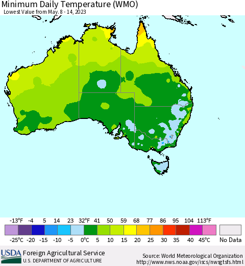 Australia Minimum Daily Temperature (WMO) Thematic Map For 5/8/2023 - 5/14/2023