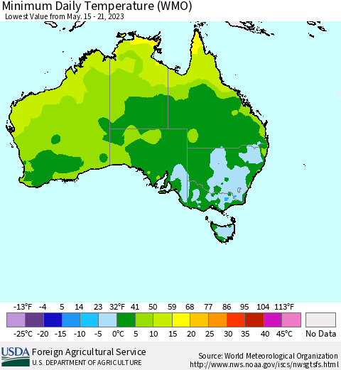 Australia Minimum Daily Temperature (WMO) Thematic Map For 5/15/2023 - 5/21/2023
