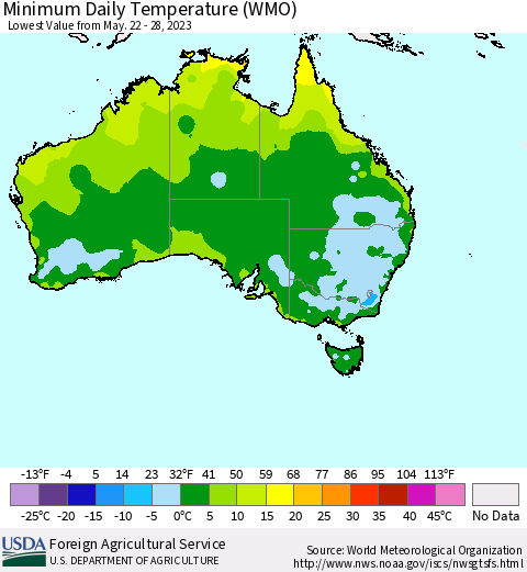Australia Minimum Daily Temperature (WMO) Thematic Map For 5/22/2023 - 5/28/2023
