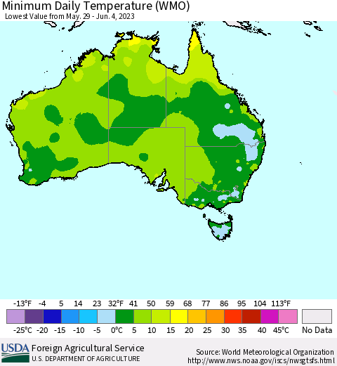 Australia Minimum Daily Temperature (WMO) Thematic Map For 5/29/2023 - 6/4/2023