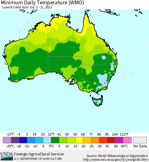 Australia Minimum Daily Temperature (WMO) Thematic Map For 6/5/2023 - 6/11/2023