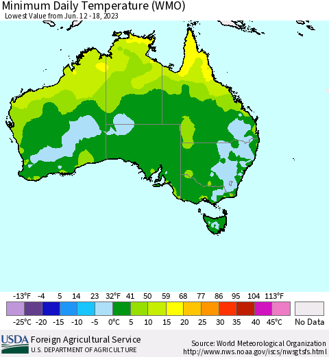 Australia Minimum Daily Temperature (WMO) Thematic Map For 6/12/2023 - 6/18/2023
