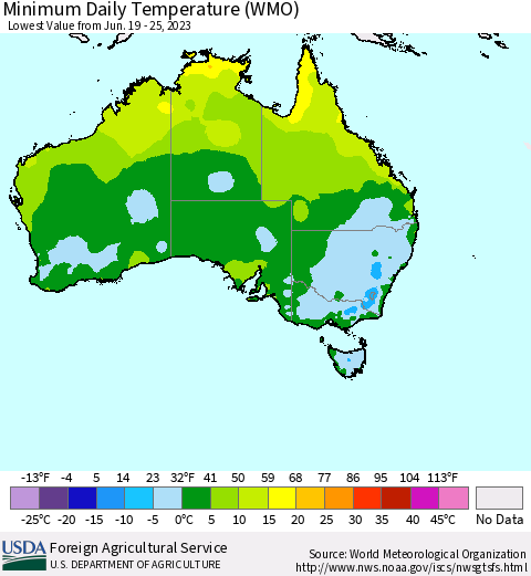 Australia Minimum Daily Temperature (WMO) Thematic Map For 6/19/2023 - 6/25/2023