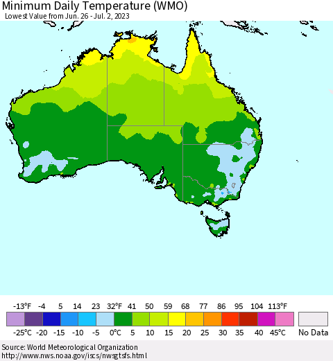 Australia Minimum Daily Temperature (WMO) Thematic Map For 6/26/2023 - 7/2/2023