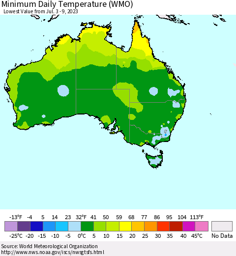 Australia Minimum Daily Temperature (WMO) Thematic Map For 7/3/2023 - 7/9/2023