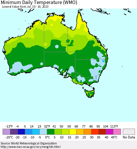 Australia Minimum Daily Temperature (WMO) Thematic Map For 7/10/2023 - 7/16/2023