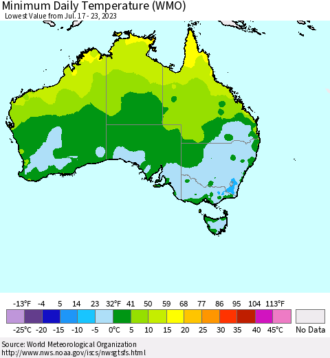 Australia Minimum Daily Temperature (WMO) Thematic Map For 7/17/2023 - 7/23/2023