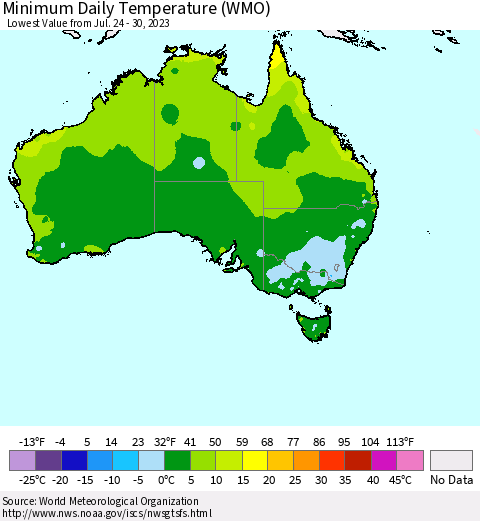 Australia Minimum Daily Temperature (WMO) Thematic Map For 7/24/2023 - 7/30/2023