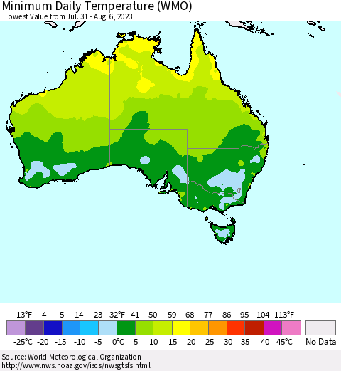 Australia Minimum Daily Temperature (WMO) Thematic Map For 7/31/2023 - 8/6/2023