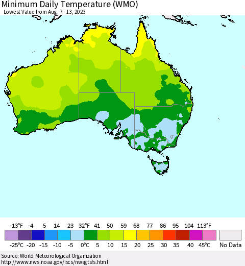 Australia Minimum Daily Temperature (WMO) Thematic Map For 8/7/2023 - 8/13/2023