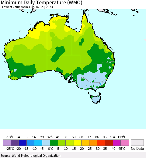 Australia Minimum Daily Temperature (WMO) Thematic Map For 8/14/2023 - 8/20/2023