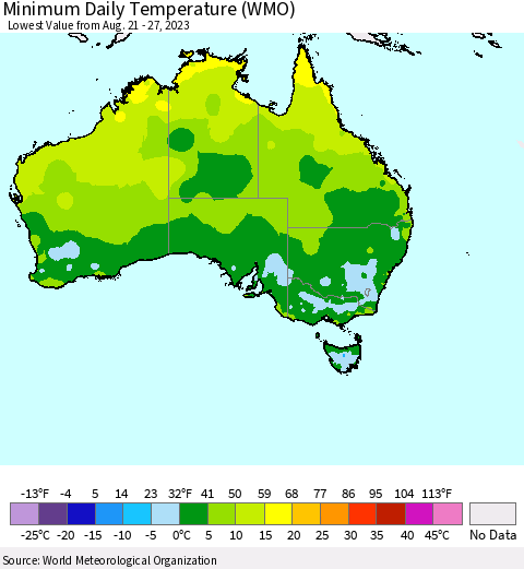 Australia Minimum Daily Temperature (WMO) Thematic Map For 8/21/2023 - 8/27/2023