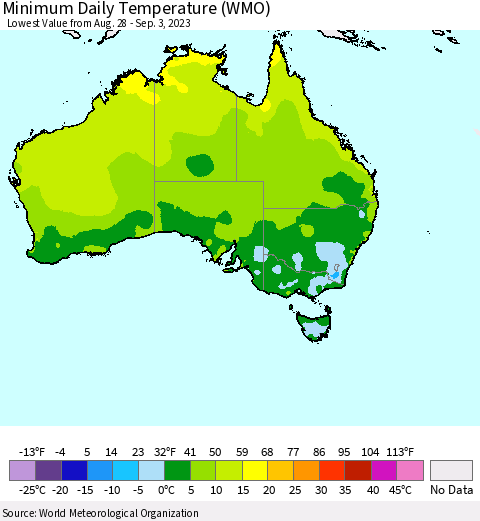 Australia Minimum Daily Temperature (WMO) Thematic Map For 8/28/2023 - 9/3/2023